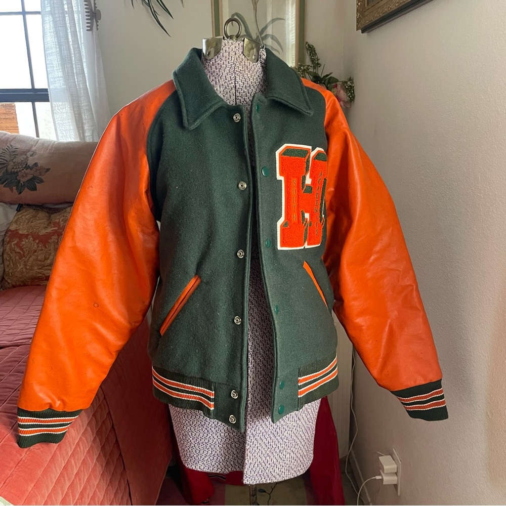 Vintage Varsity Jacket with Orange and Green Design